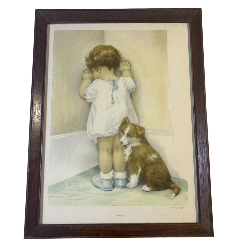 Vintage Bessie Pease Gutmann In Disgrace Framed Lithograph Print 792 Child Puppy